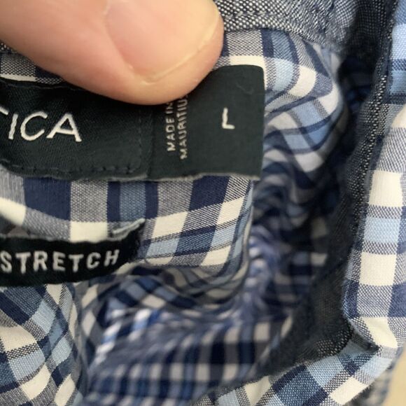 Nautica Mens Large Long Sleeve Blue Check Shirt Classic Fit Stretch Button Down - Picture 6 of 7
